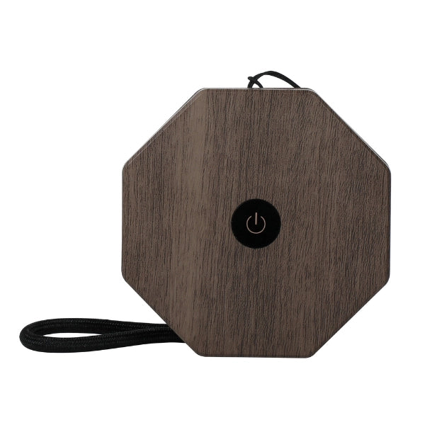 Mini Twist Hexagon Lamp closed in sleek geometric hexagon shape with wood finish and touch power button.