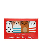 Mini wooden dog pegs set of 4 in gift box packaging.