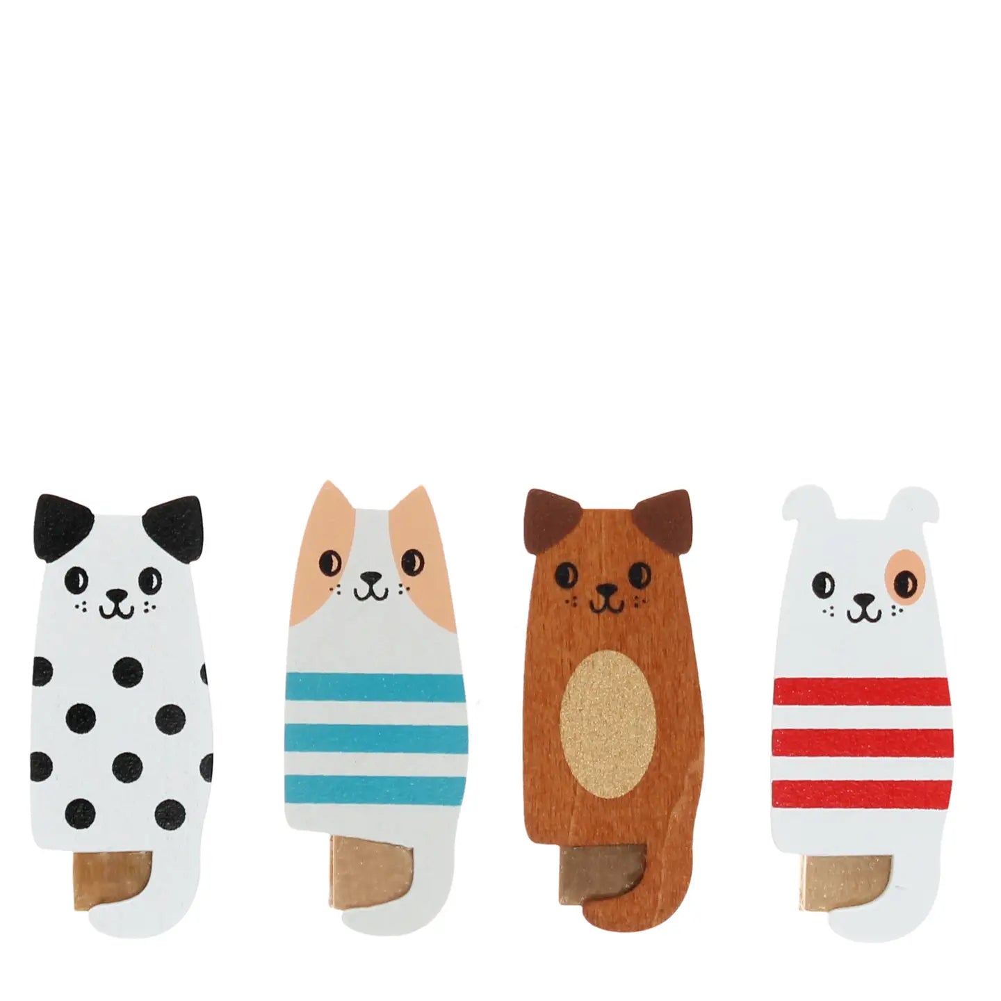 Assorted decorative wooden pegs shaped like dogs with stripes and spots.