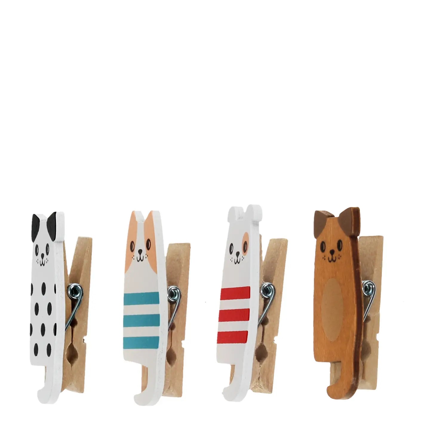 Side view of mini wooden dog pegs with clip backs.