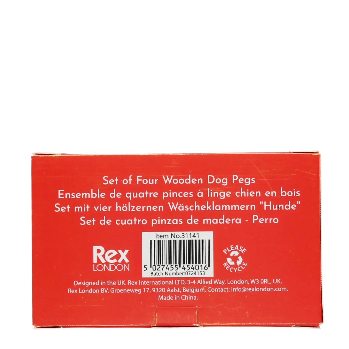 Back of packaging for mini wooden dog pegs set of 4.