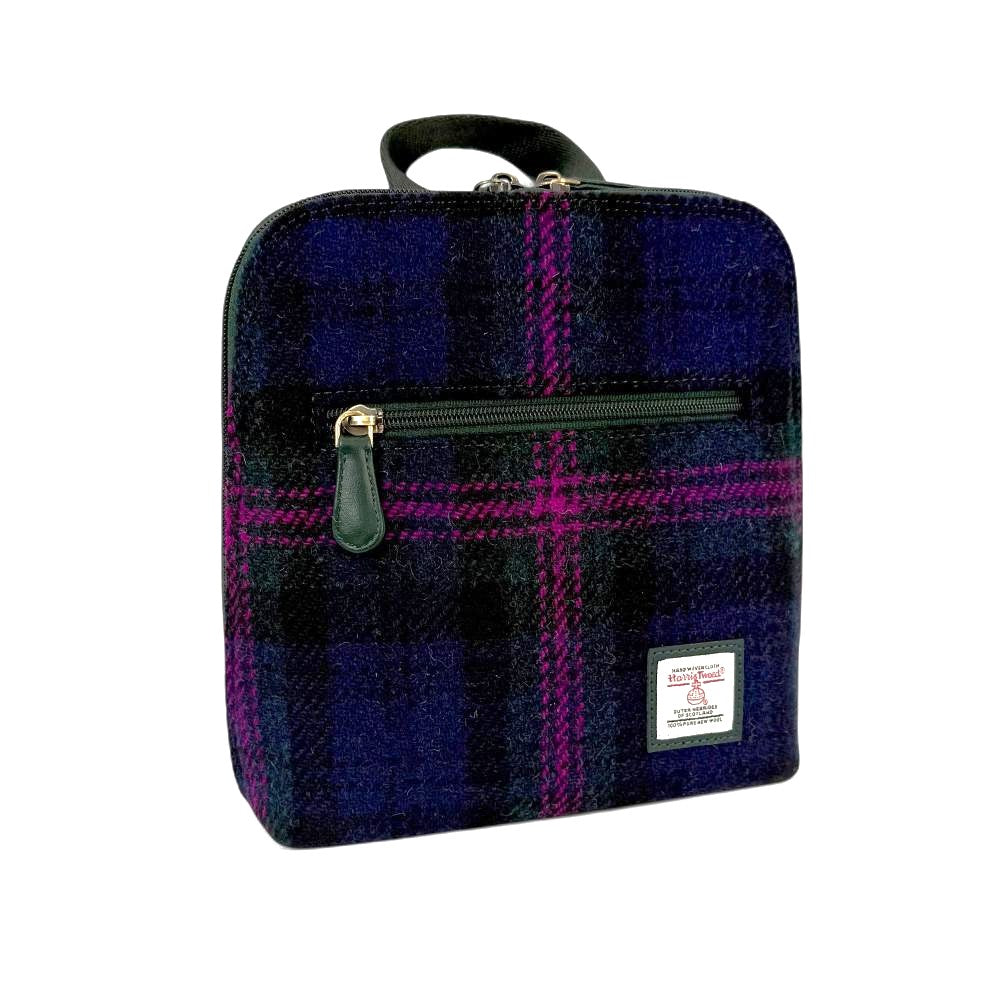 Baird Check Harris Tweed mini backpack front angled view on white background.