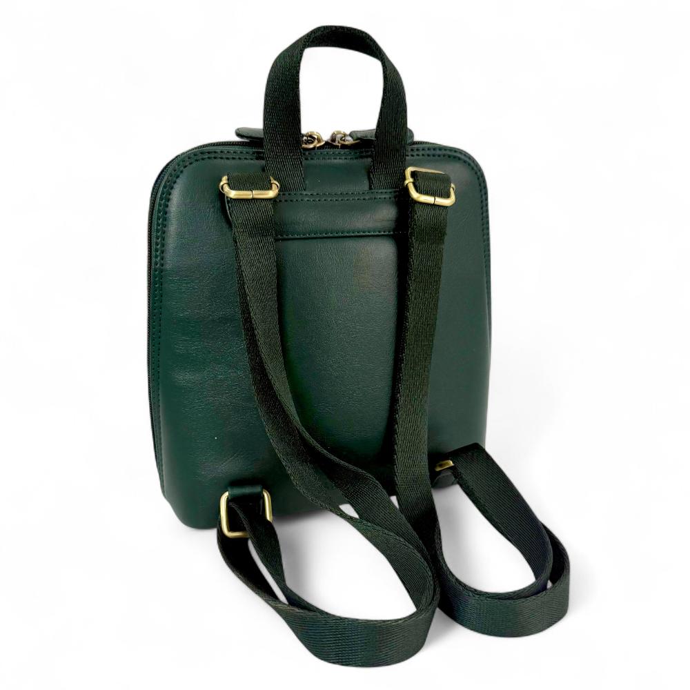 Baird Check Harris Tweed mini backpack back view showing dark green vegan leather and straps.