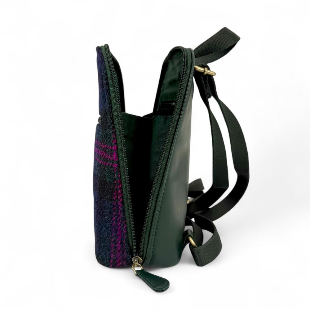 Baird Check Harris Tweed mini backpack open side view showing zip-to-base design.