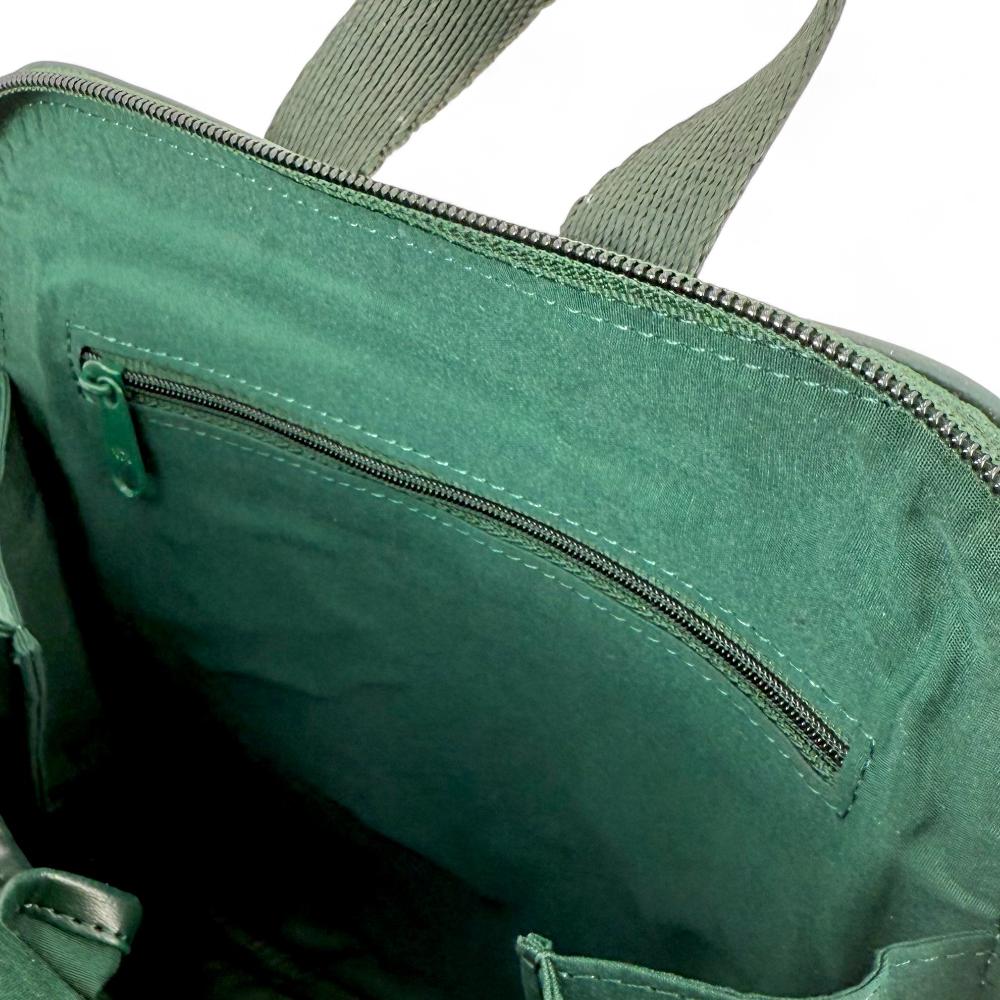 Baird Check Harris Tweed mini backpack interior showing slip pockets and compartments.