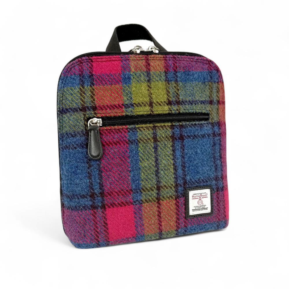 Blue And Pink Check Harris Tweed mini backpack front angled view on white background.