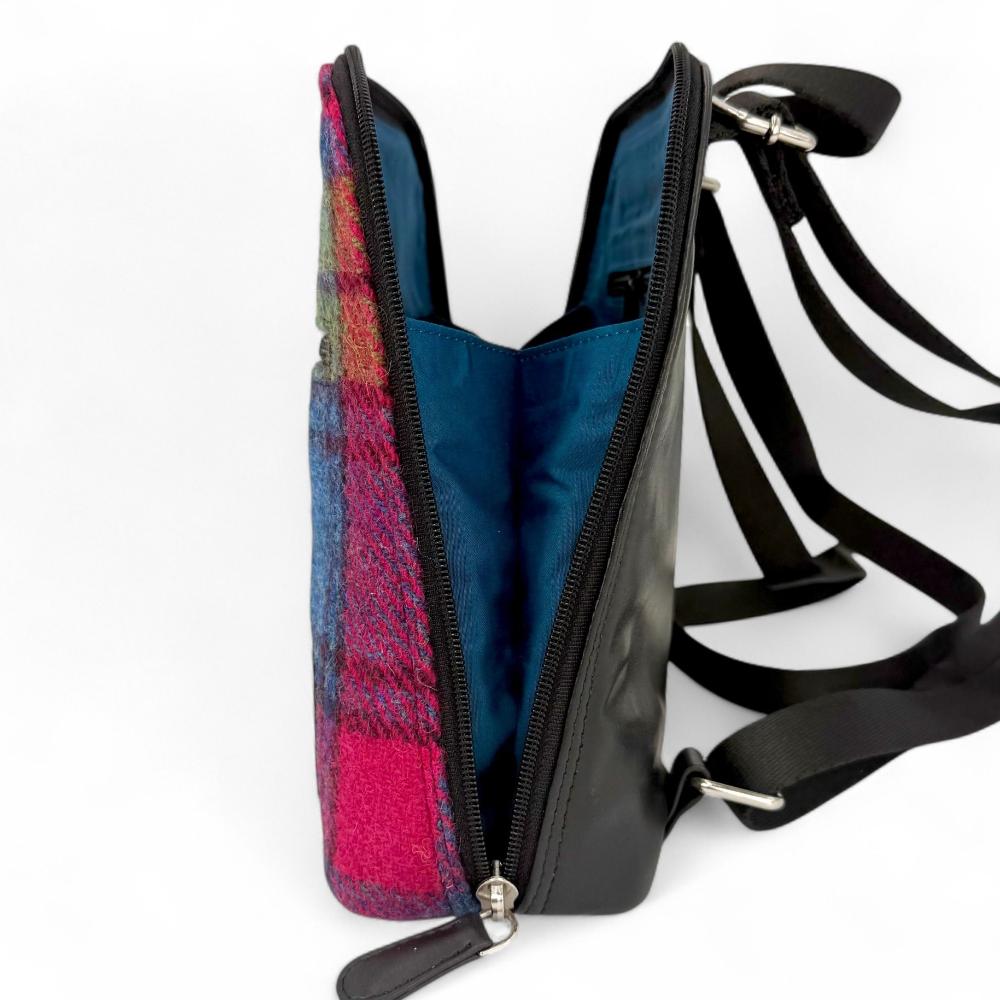Blue And Pink Check Harris Tweed mini backpack open side view showing zip-to-base design.