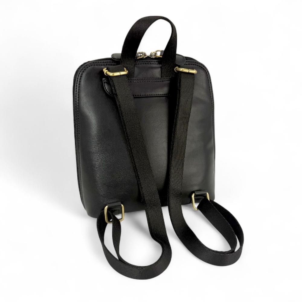 Charcoal Harris Tweed mini backpack back view showing black vegan leather and straps.