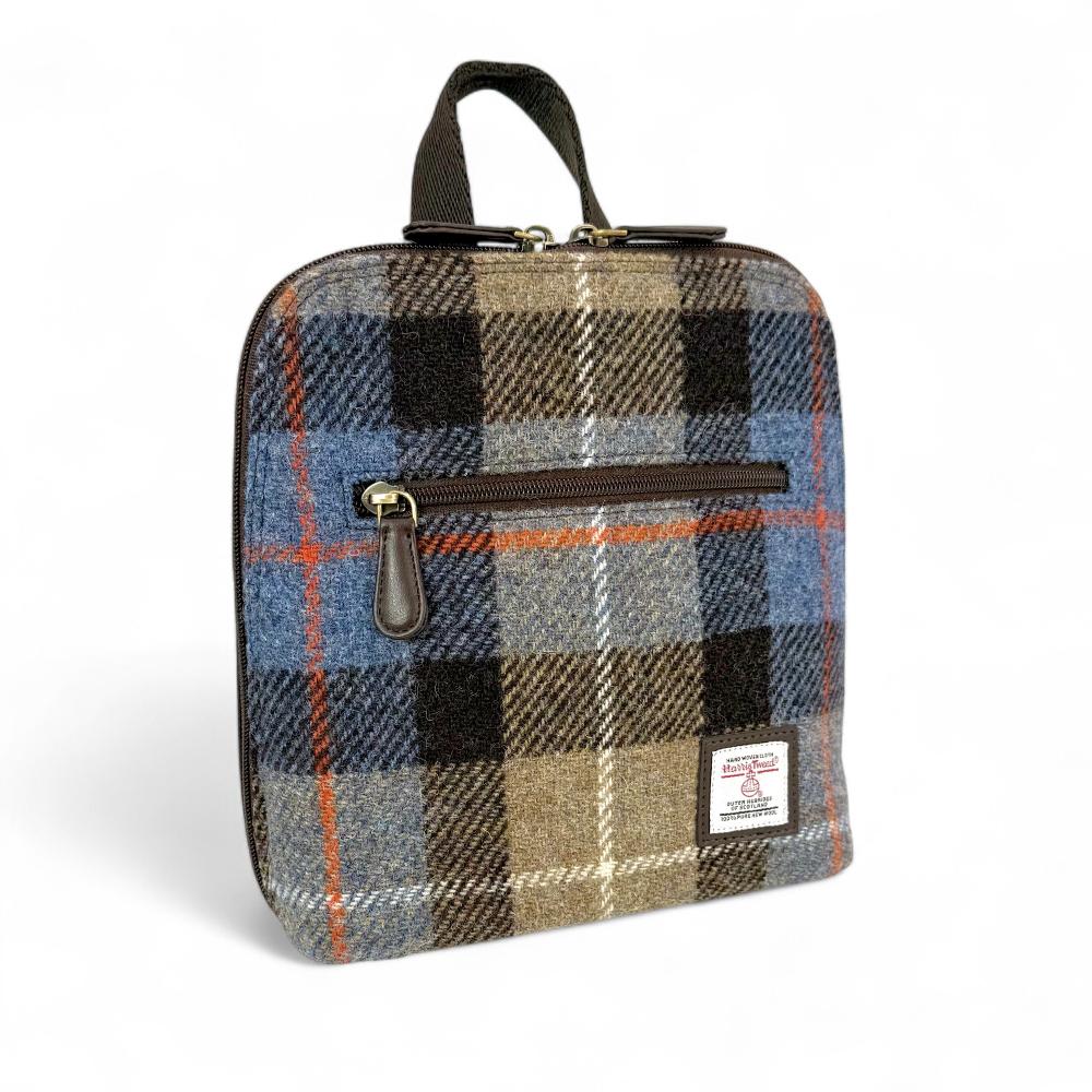 Blue And Brown Check Harris Tweed mini backpack front angled view on white background.