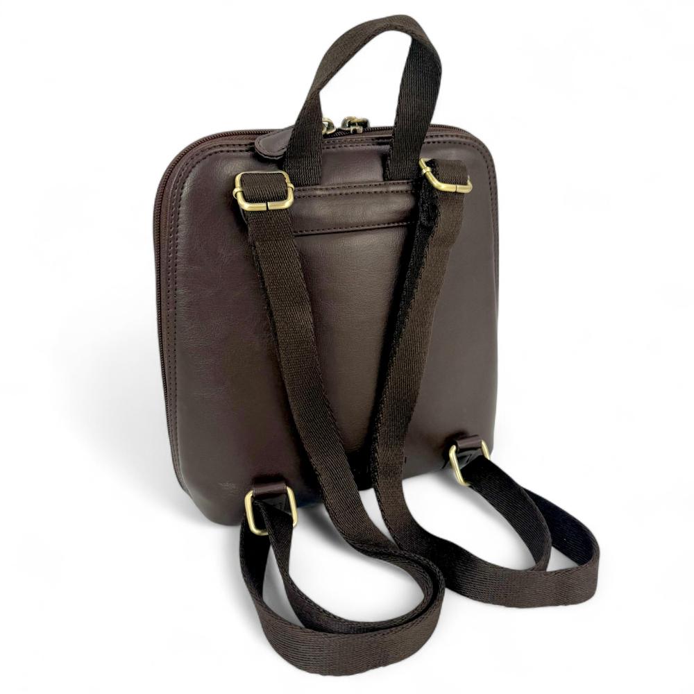 Blue-brown check Harris Tweed mini backpack back view with dark brown vegan leather.