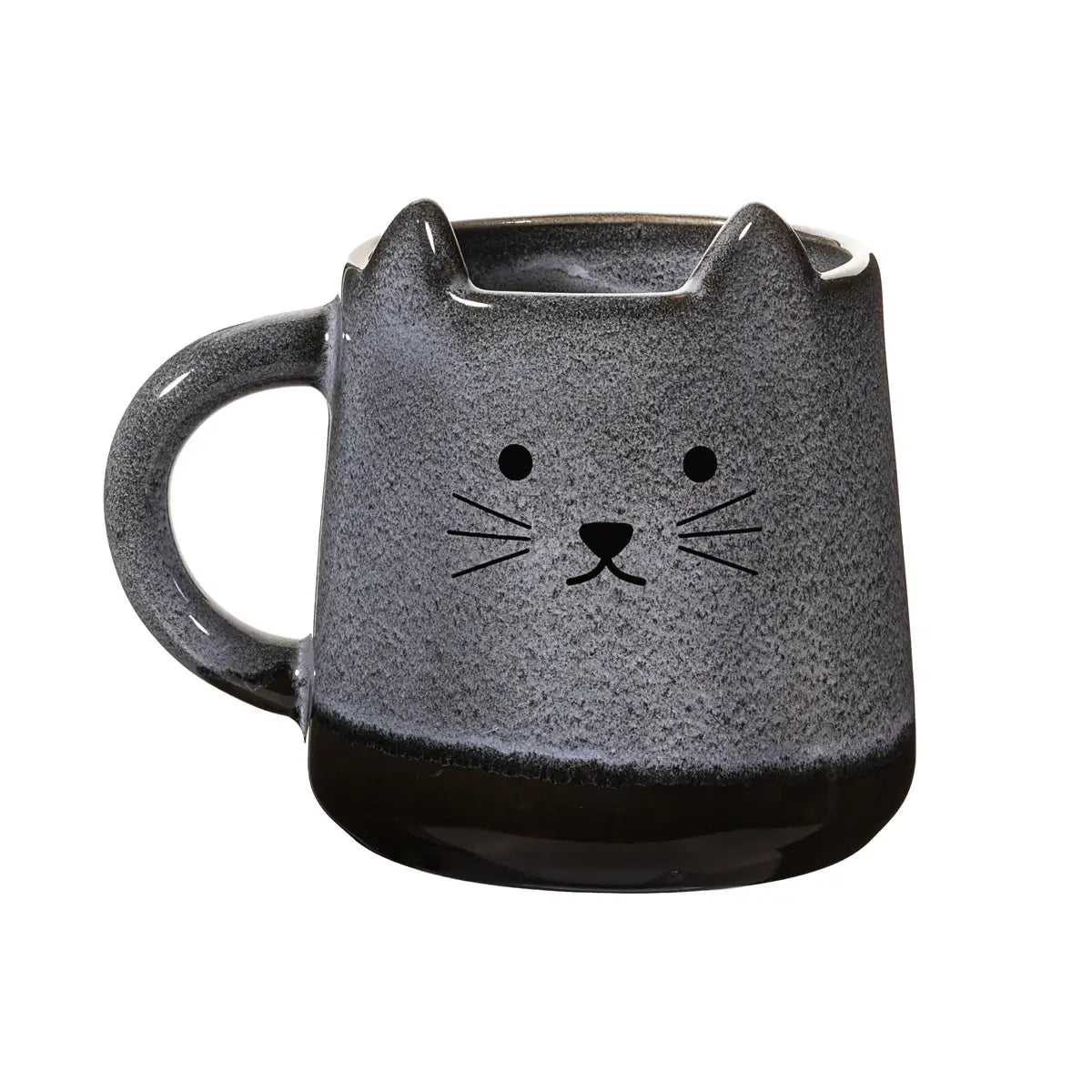 Mojave Cat Mug by Sass & Belle in hand-finished stoneware with cute cat face and 3D ears, brown and beige glaze, 420ml capacity.