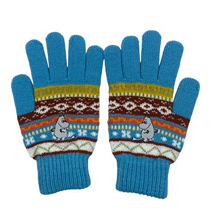 Flat lay of Moomin Fair Isle gloves showing front design with Moomintroll embroidery.
