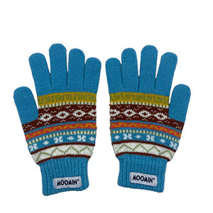 Back view of Moomin gloves showing colourful fair isle knit and logo.