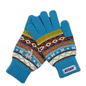 Moomin Fair Isle gloves overlapping, displaying both design and label.