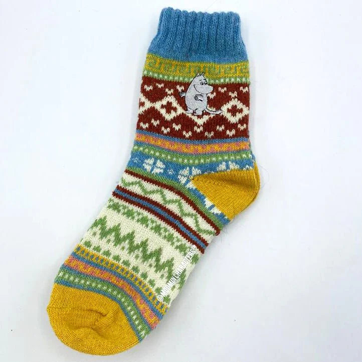 Single Moomin Fair Isle sock laid flat showing full pattern and yellow toe detail.