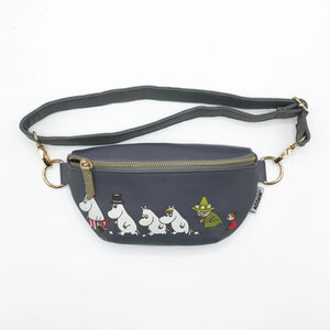 Front view of Moomin Family bum bag featuring Moomin family and Little My illustration on dark blue vegan leather with gold zip.