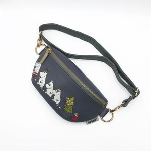 Moomin Family bum bag angled view with gold zip, adjustable strap, and printed Moomin characters on dark blue vegan leather.