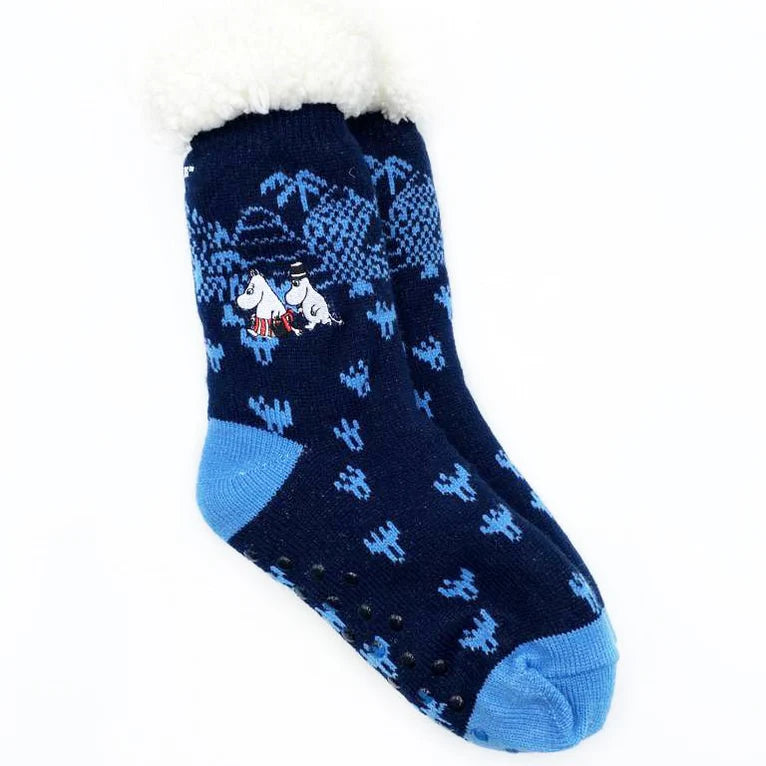 Close-up of Moomin Forest Slipper Socks with fleece lining and anti-slip soles