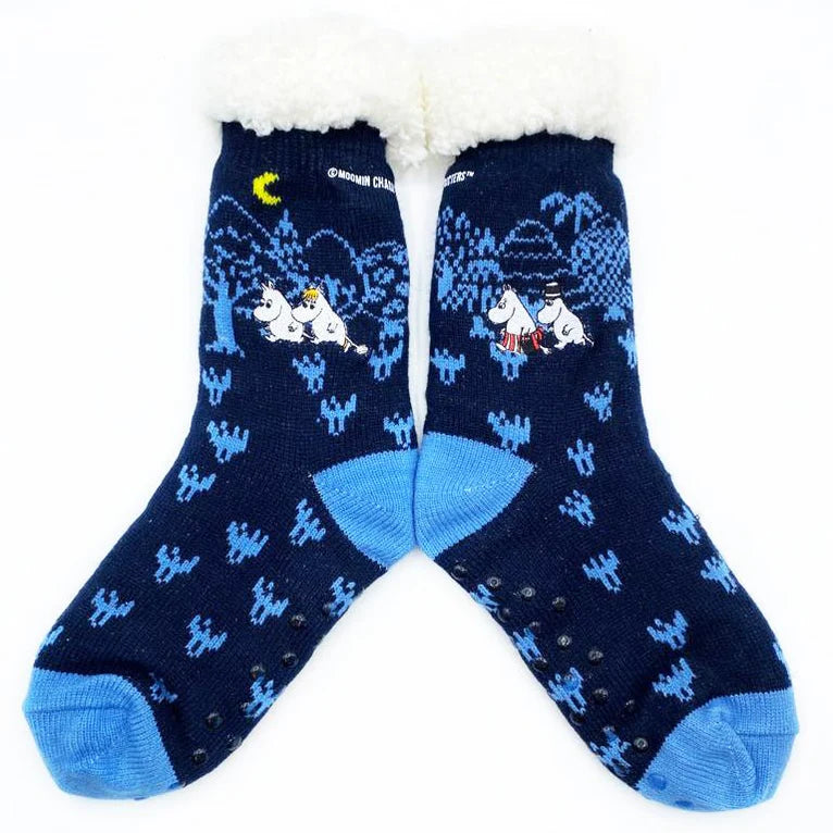Pair of navy and blue Moomin Forest Slipper Socks showing different embroidered characters