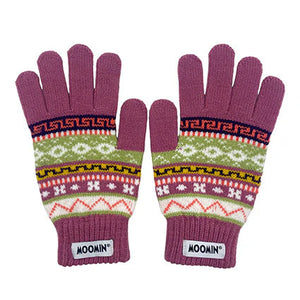 Reverse side of gloves with Moomin logo label and geometric knit pattern.