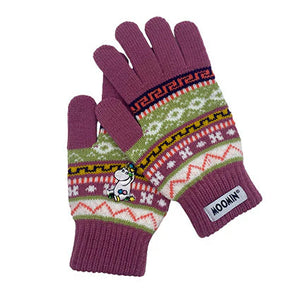 Pair of Moomin Snorkmaiden gloves overlapping to show both logo label and embroidery details.