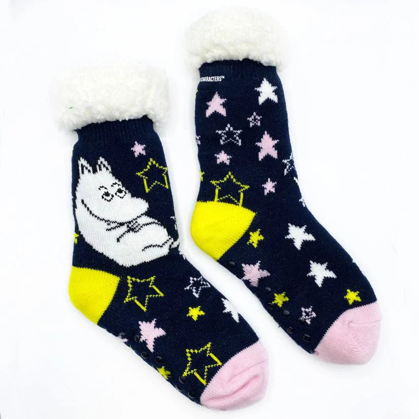 Flat lay of Moomin star slipper socks showing fleece lining and star pattern