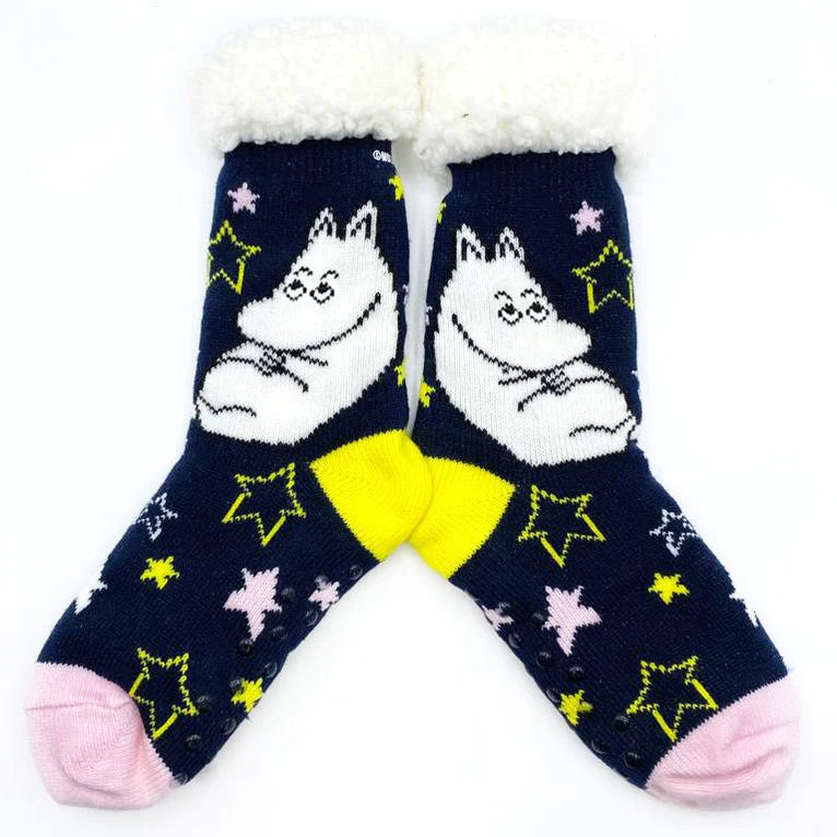 Front view of Moomin slipper socks with yellow heels and pink toes