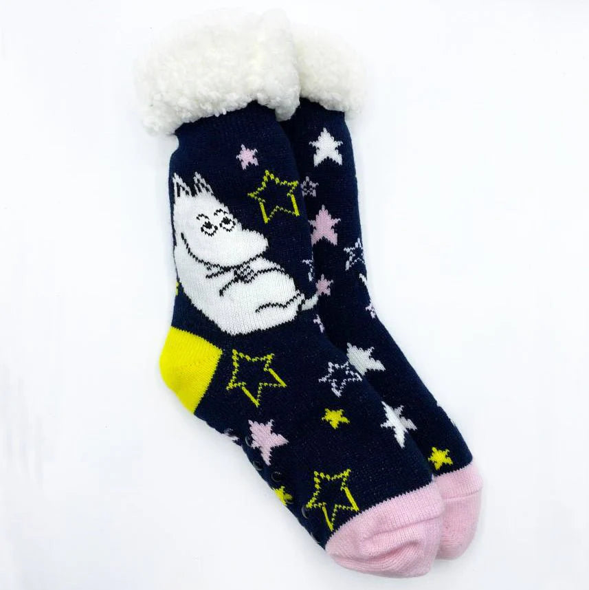 Side view of navy Moomin socks with fleece cuffs and colourful stars