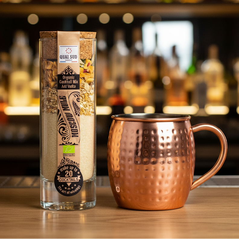 Organic Moscow Mule cocktail mix in a tall glass jar with layered citrus, ginger and cane sugar.