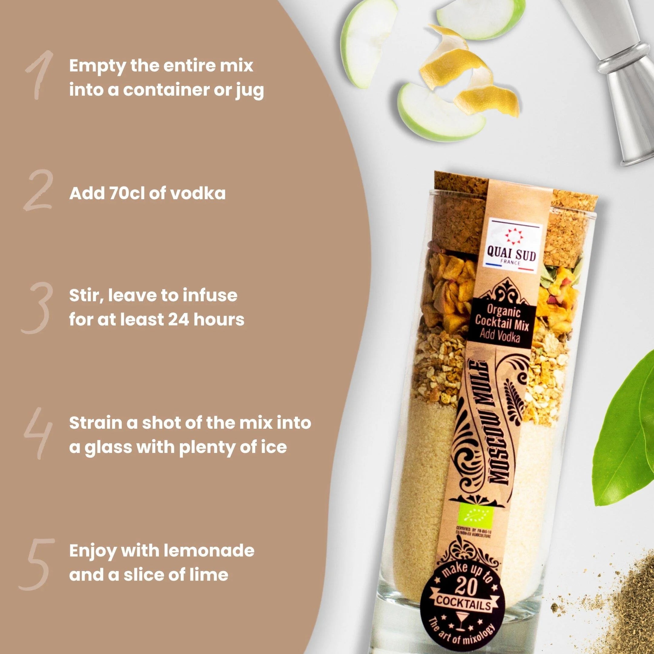 Moscow Mule cocktail mix beside illustrated instructions showing how to infuse with vodka.
