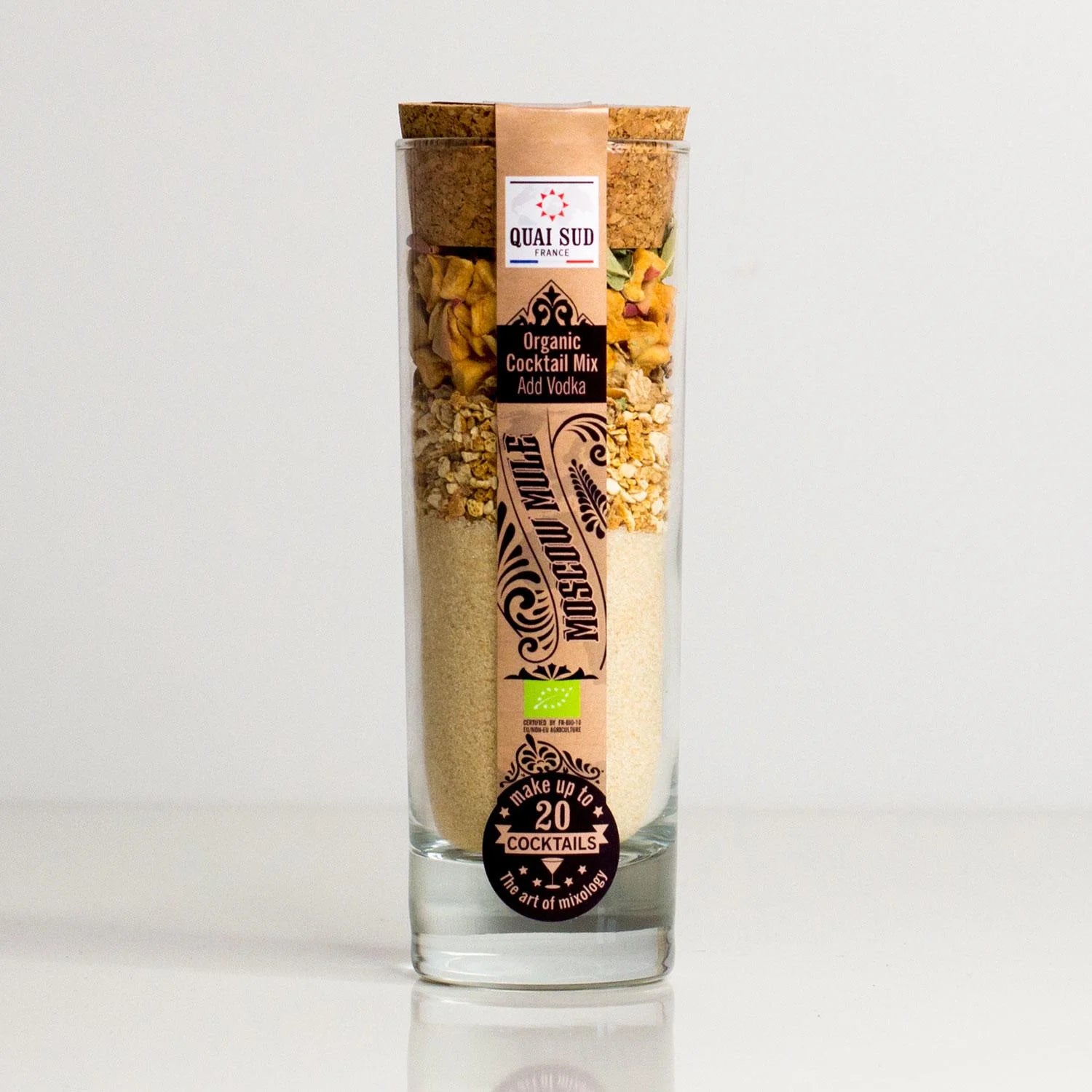 Front view of Moscow Mule cocktail mix bottle with cork lid and organic label.