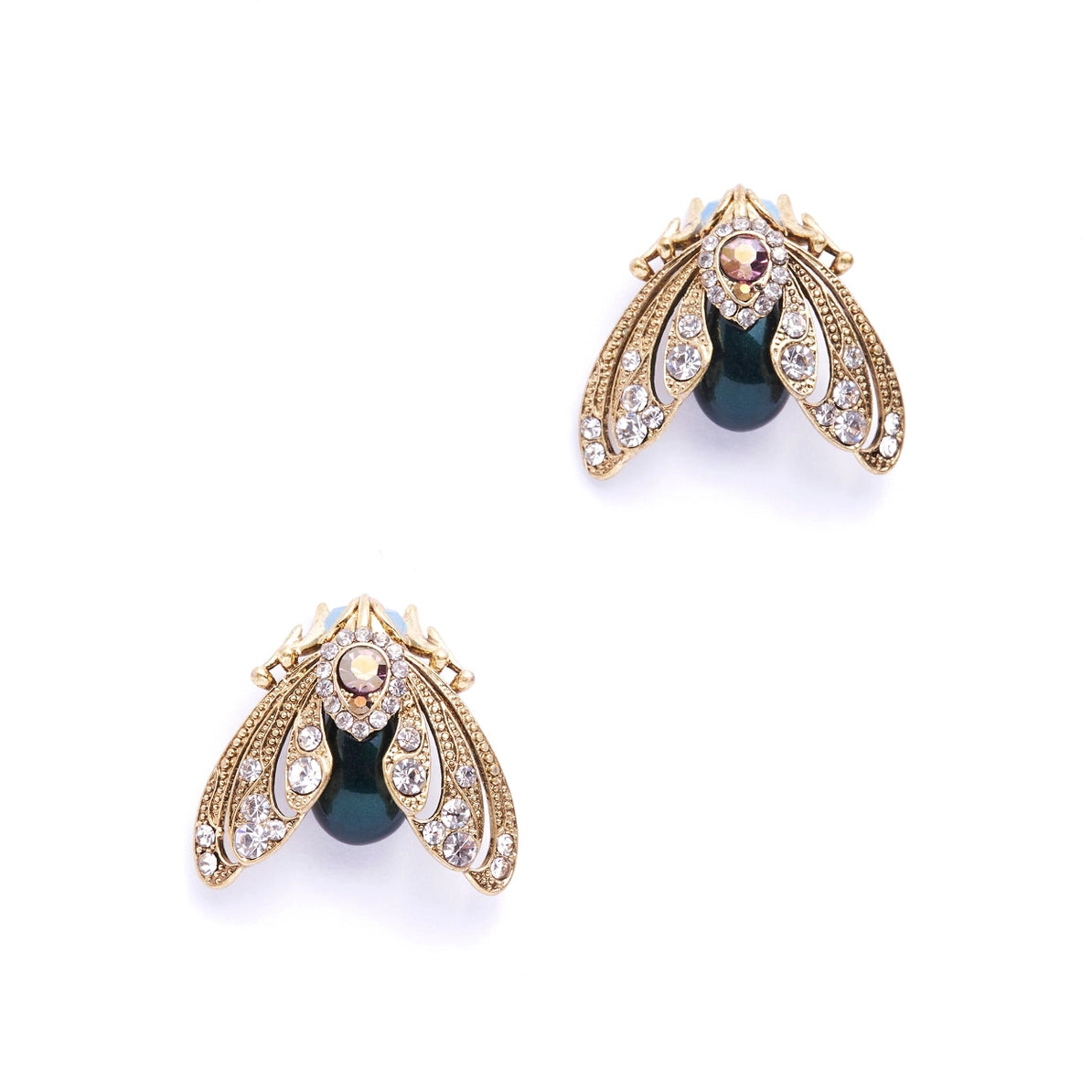 Gold-plated moth stud earrings with Tahitian pearl body, hand-painted enamel wings, and crystal embellishments by Bill Skinner.