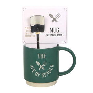 Ceramic Ace of Spades mug with matching spade-shaped metal spoon and presentation card – ideal gift for gardeners.