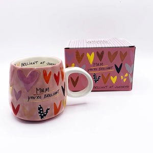 Mum You’re Brilliant mug and matching gift box – Ceramic heart mug with matching pink box featuring the same fun message.