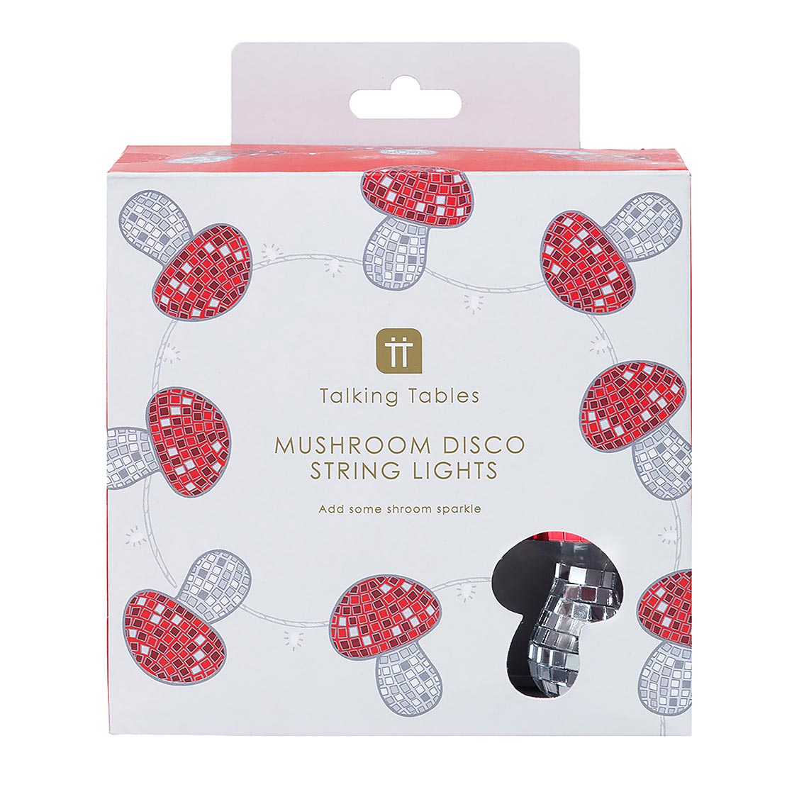 Packaging of Mushroom LED Disco String Lights by Talking Tables featuring red and silver mirrored mushroom design.