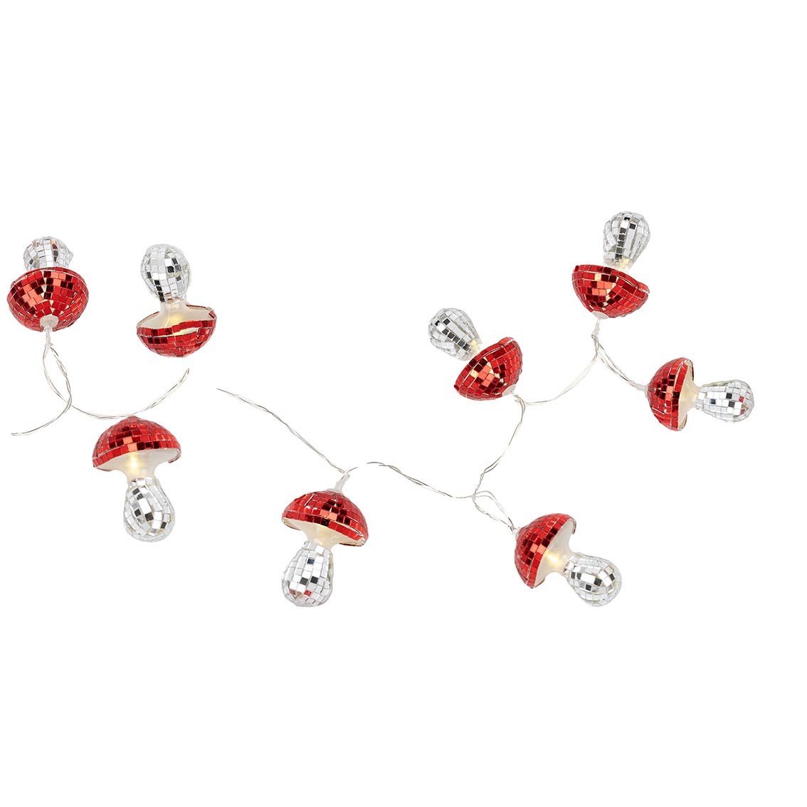 String of Mushroom LED Disco Lights laid out showing mirrored red tops and silver stalks.