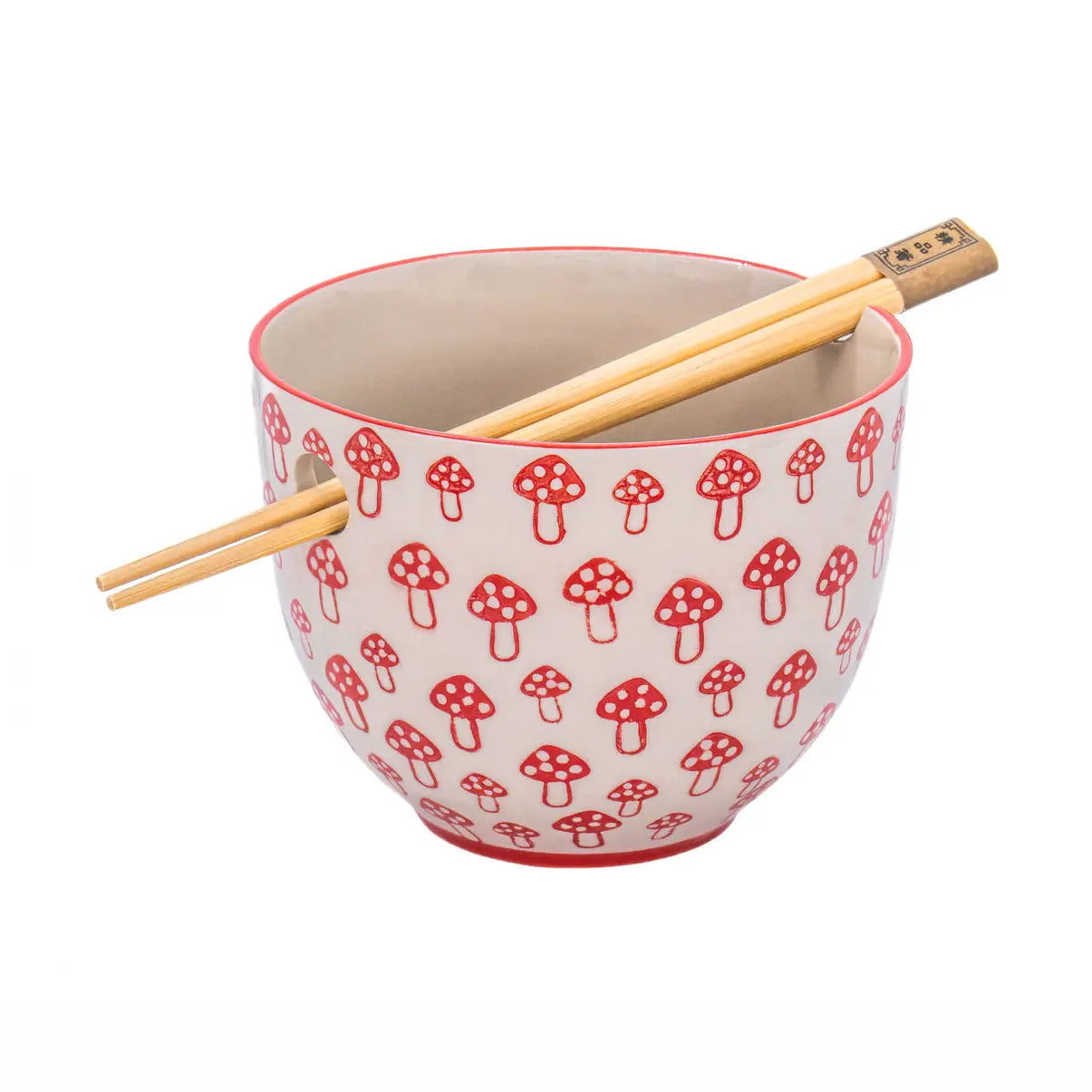 Mushroom noodle bowl with red toadstool design and matching wooden chopsticks, stoneware cottage garden collection.