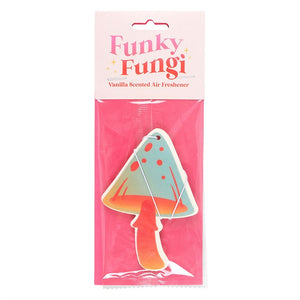 Funky Fungi vanilla air freshener in sealed pink wrapper with mushroom-shaped design – perfect for cars and lockers.