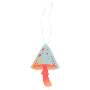 Colourful mushroom-shaped air freshener with hanging cord, featuring retro design and vanilla scent – ideal for small spaces.