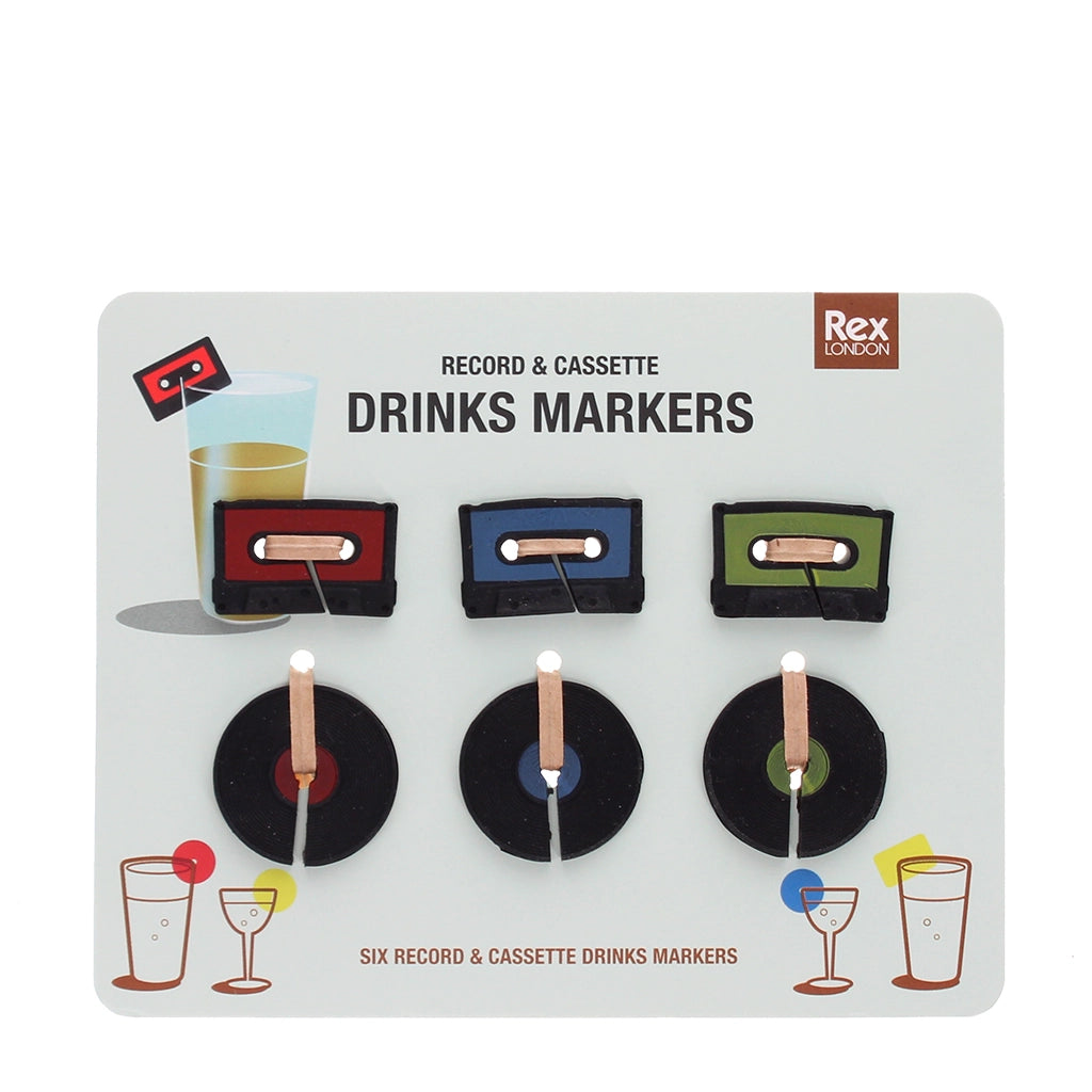 Front packaging of Record & Cassette Music Drinks Markers set, showing 6 colourful retro-style markers on display.