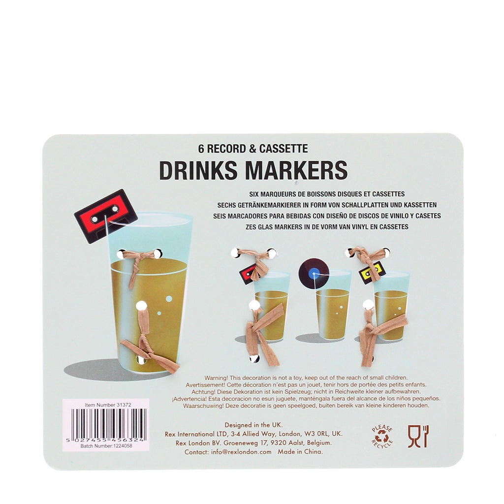 Back of packaging showing how to use the music-themed drink markers on glass rims.