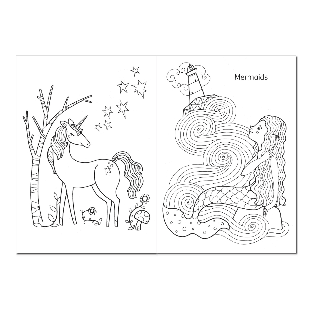 Black and white colouring page showing a unicorn under stars beside a tree, and a mermaid with flowing hair sitting on rocks near a lighthouse, labelled “Mermaids.”