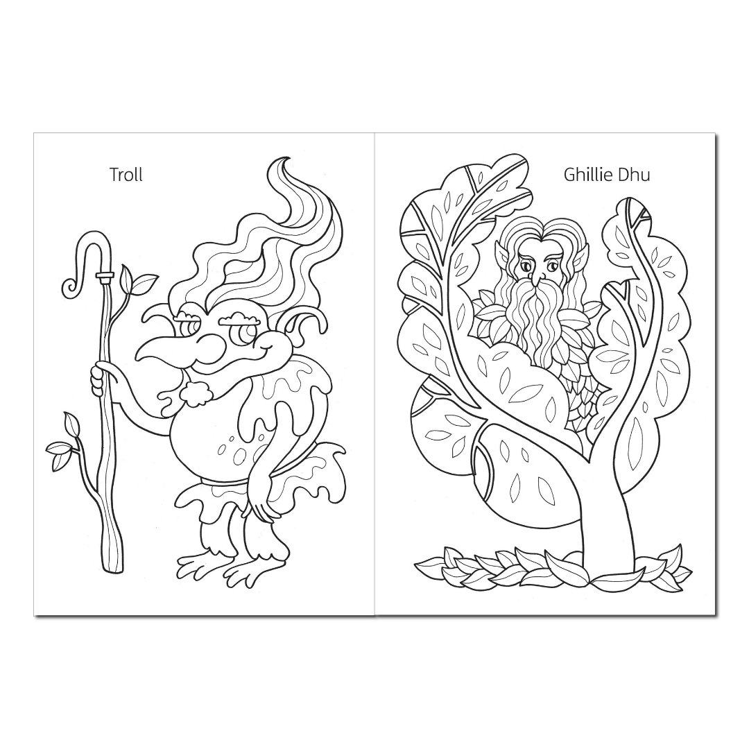 Black and white colouring page of a friendly troll with a walking stick, and the Ghillie Dhu, a leafy forest spirit peeking through stylised tree branches, each with name labels.