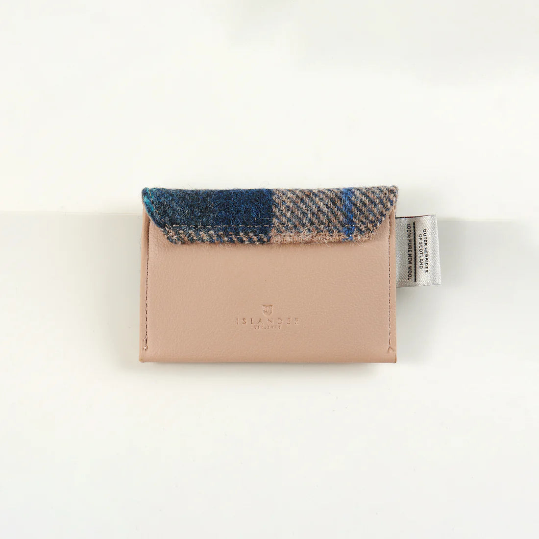 Back of navy and beige tartan harris tweed card holder. 