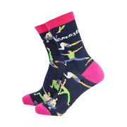 Navy blue women’s bamboo socks with colourful yoga poses and “Namaste” text, featuring bright pink toe and cuff – soft, breathable, and eco-friendly yoga socks.