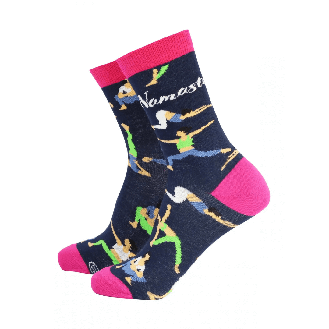 Navy blue women’s bamboo socks with colourful yoga poses and “Namaste” text, featuring bright pink toe and cuff – soft, breathable, and eco-friendly yoga socks.