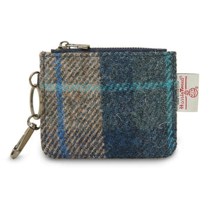 Navy and beige tartan Harris Tweed® card zip wallet with leather trim and keychain by Islander.