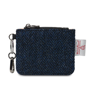 Navy herringbone Harris Tweed® card zip wallet with leather trim and keychain by Islander.