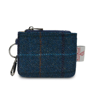 Navy overcheck Harris Tweed® card zip wallet with leather front and zip pocket by Islander.