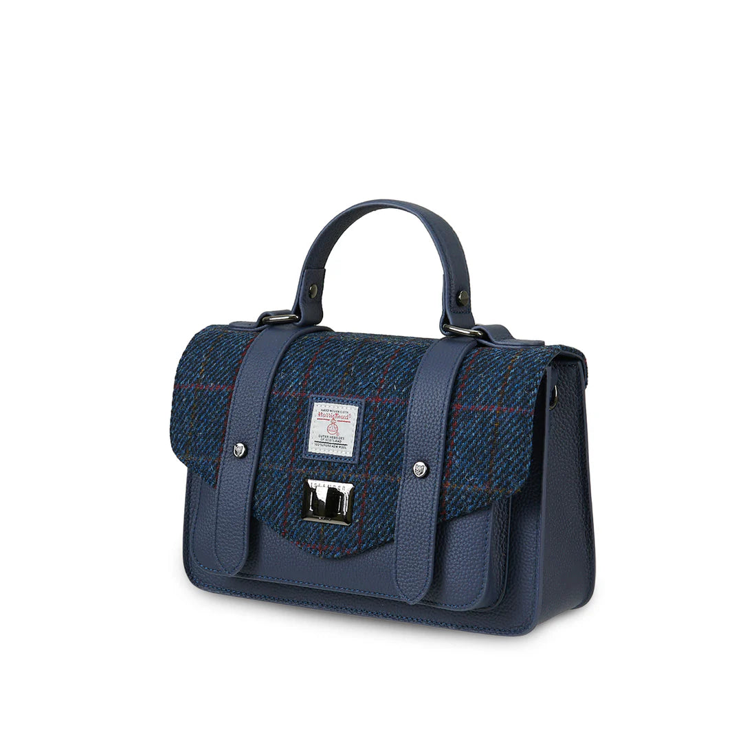 Angled view of navy over-check Harris Tweed medium leather satchel.